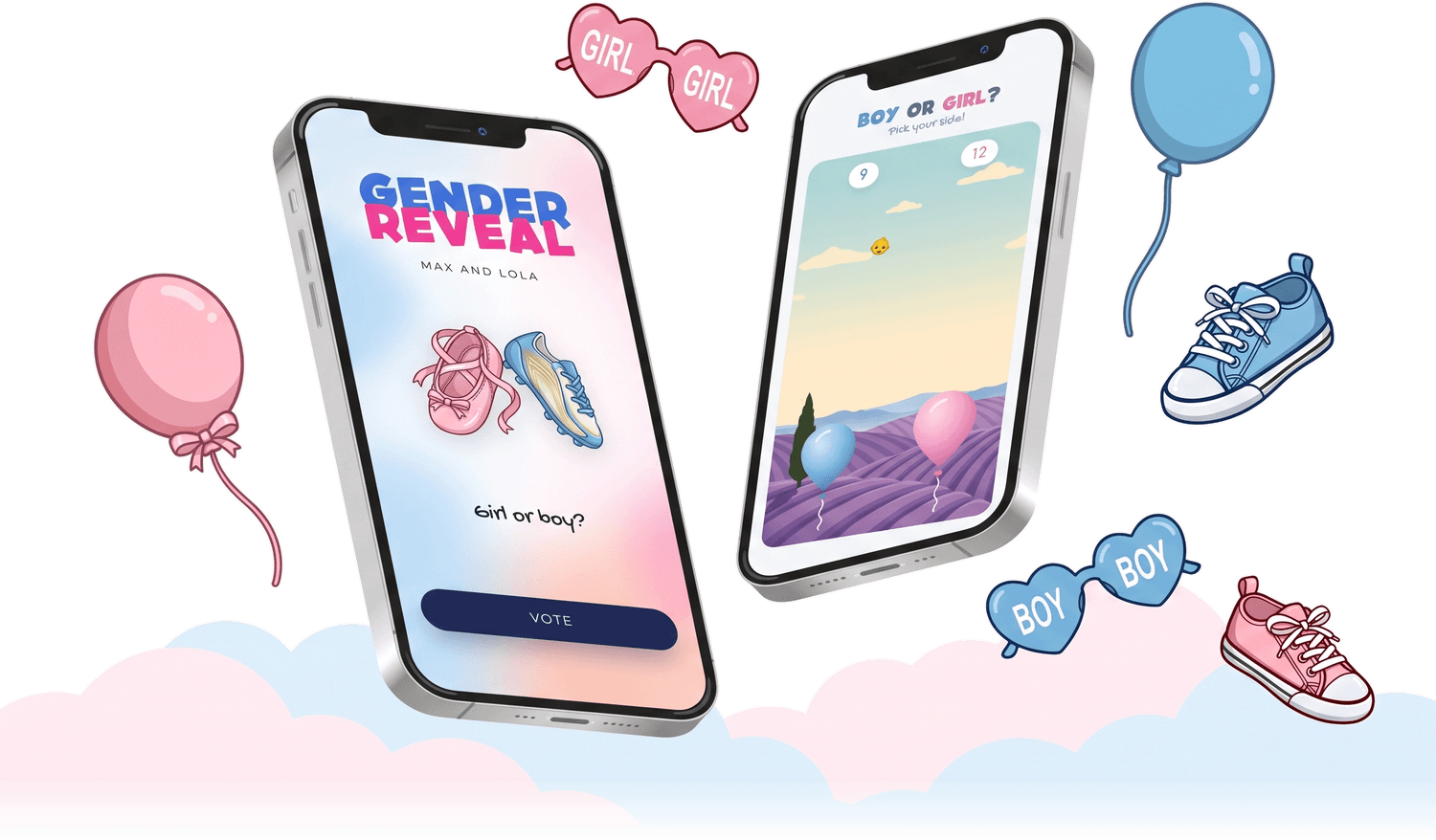 Two phones showing the Gender Reveal app, the welcome screen and the balloon voting page, surrounded by balloons, glasses and trainers in pink and blue